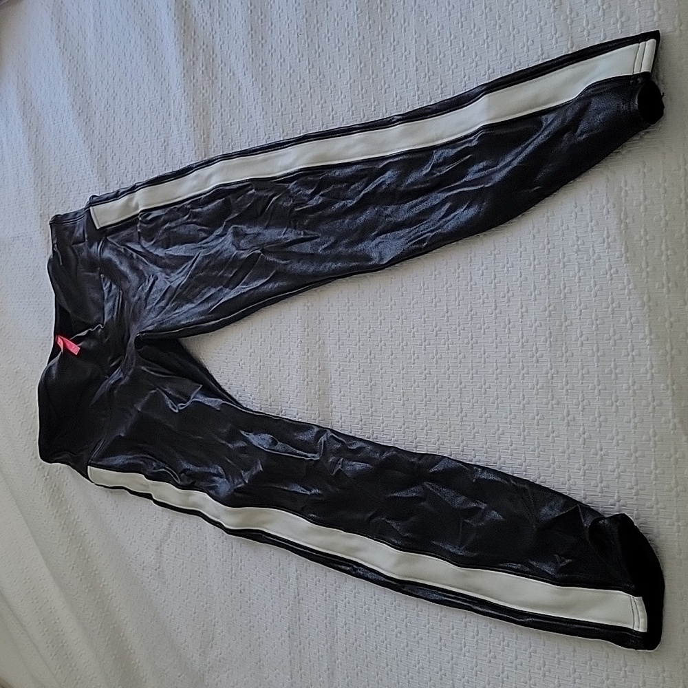 SPANX Black Faux Leather Legging with white Side Stripe - Women's Large